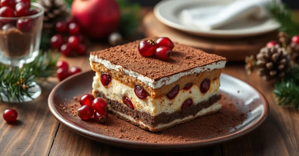 Decadent Christmas Tiramisu with cocoa powder, layered mascarpone cream, and coffee-soaked ladyfingers, festive pomegranate g
