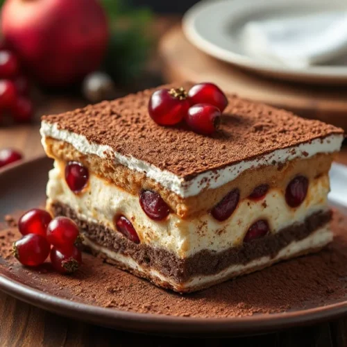 Decadent Christmas Tiramisu with cocoa powder, layered mascarpone cream, and coffee-soaked ladyfingers, festive pomegranate g