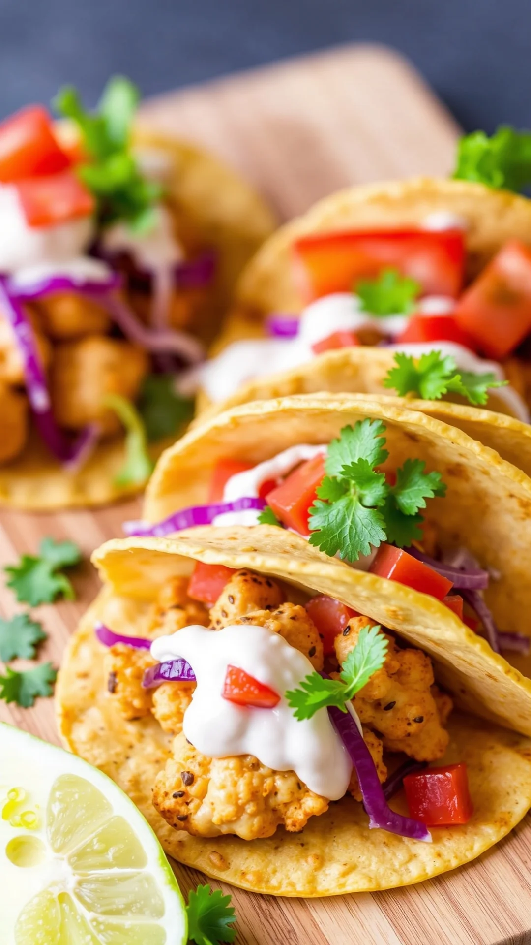 Delicious cauliflower tacos with chipotle crème, topped with fresh lettuce and tomato, arranged on a wooden board, vibrant c