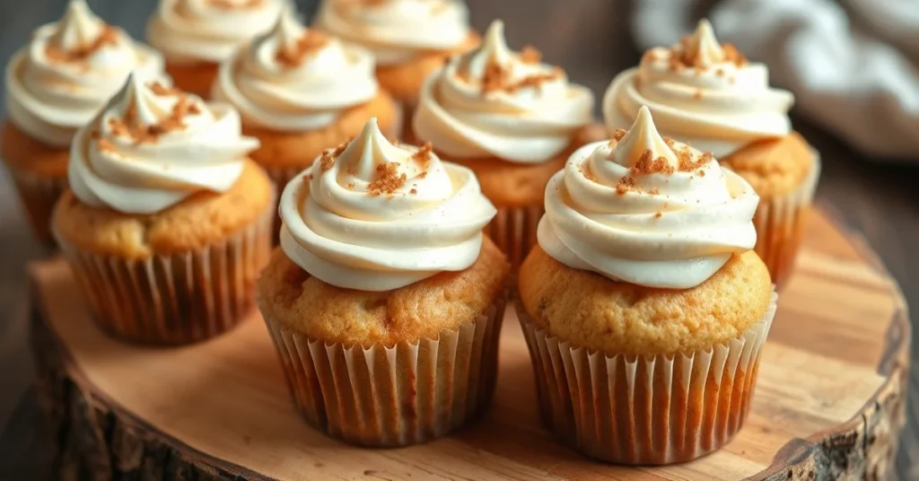 Delicious eggnog cupcakes with creamy frosting topping, decorated with nutmeg and vanilla sprinkles, arranged on wooden board
