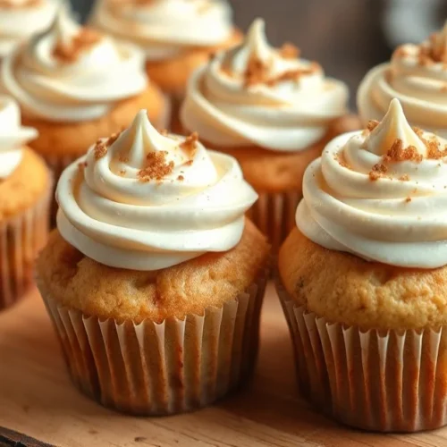 Delicious eggnog cupcakes with creamy frosting topping, decorated with nutmeg and vanilla sprinkles, arranged on wooden board