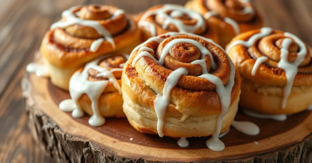 Delicious fluffy cinnamon rolls freshly baked on a rustic wooden board, drizzled with white icing, golden brown pastries, war