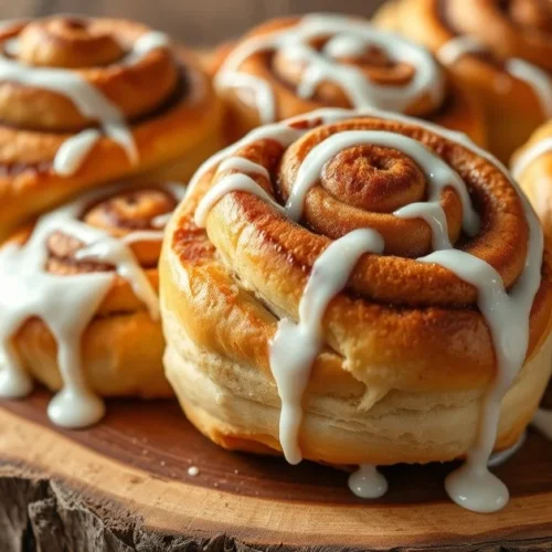 Delicious fluffy cinnamon rolls freshly baked on a rustic wooden board, drizzled with white icing, golden brown pastries, war