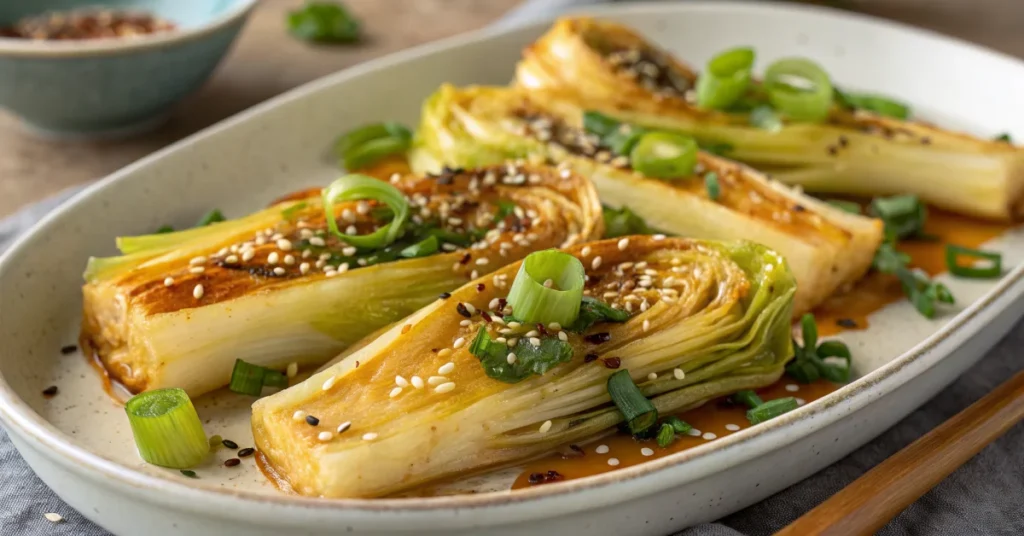 Delicious golden crispy pak choi from air fryer, drizzled with sesame oil and garnished with sesame seeds and green onions, l