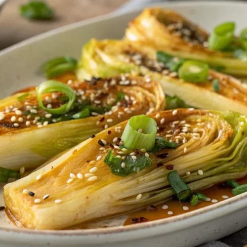 Delicious golden crispy pak choi from air fryer, drizzled with sesame oil and garnished with sesame seeds and green onions, l