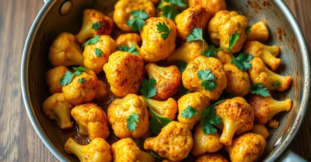 Delicious golden roasted cauliflower stir-fry in a large skillet, garnished with fresh parsley, vibrant turmeric and paprika