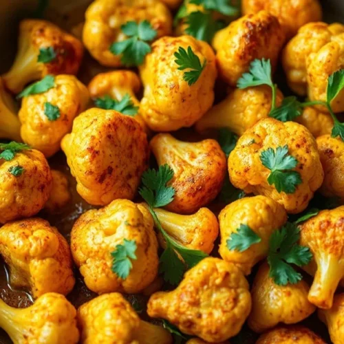 Delicious golden roasted cauliflower stir-fry in a large skillet, garnished with fresh parsley, vibrant turmeric and paprika