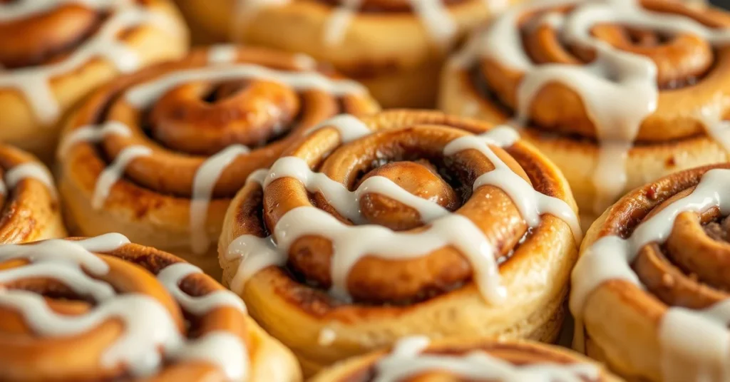 Delicious low carb cinnamon rolls with golden brown top, fresh from oven, close-up shot with cream cheese frosting drizzle, a