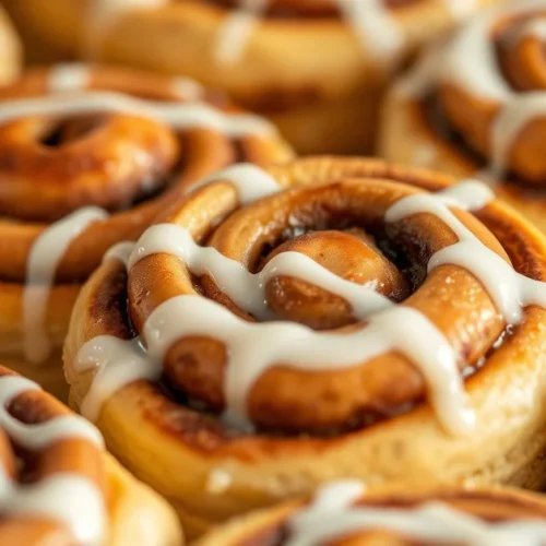 Delicious low carb cinnamon rolls with golden brown top, fresh from oven, close-up shot with cream cheese frosting drizzle, a