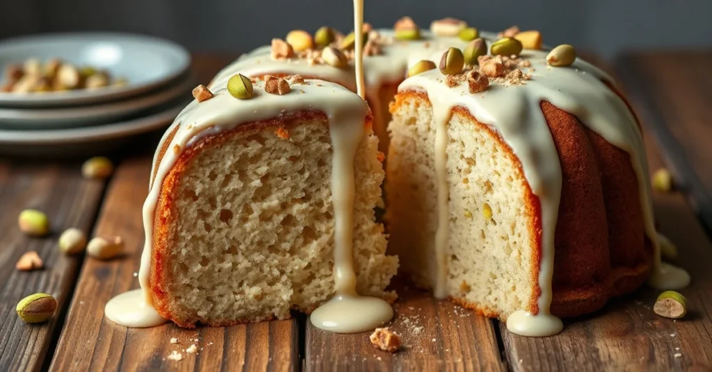 Eggnog cake cut in half showing moist, fluffy crumb, drizzled with eggnog glaze, garnished with pistachio pieces and nutmeg o