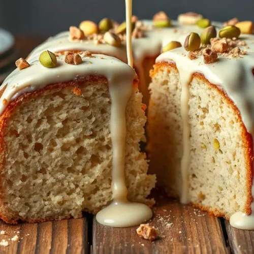 Eggnog cake cut in half showing moist, fluffy crumb, drizzled with eggnog glaze, garnished with pistachio pieces and nutmeg o