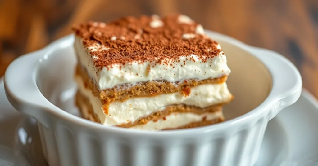 Eggnog Tiramisu dessert in white ceramic dish, creamy mascarpone layers with cocoa powder dusting, Italian classic, professio
