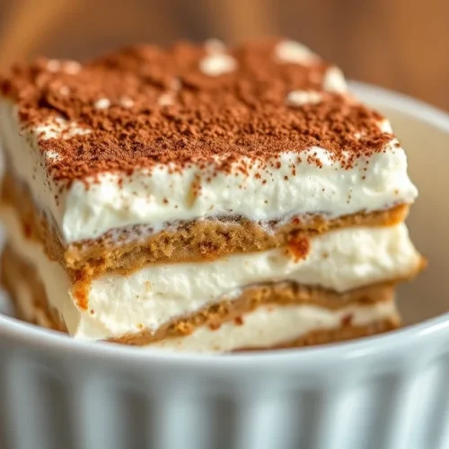 Eggnog Tiramisu dessert in white ceramic dish, creamy mascarpone layers with cocoa powder dusting, Italian classic, professio