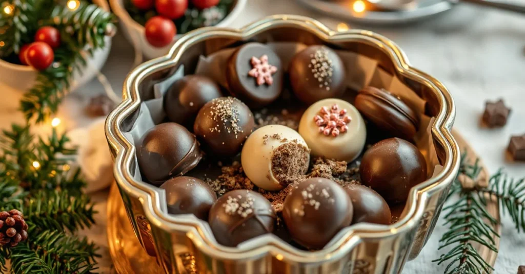 Eierlikör Pralinen in eleganter Pralinenschachtel, flach arrangiert, dunkle Schokolade glänzend, mit Kakaopulver bestäubt,