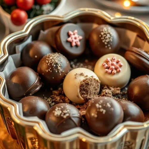 Eierlikör Pralinen in eleganter Pralinenschachtel, flach arrangiert, dunkle Schokolade glänzend, mit Kakaopulver bestäubt,