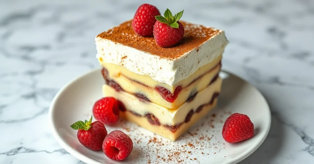Elegant Italian Tiramisu dessert in white porcelain dish, dusted with cocoa powder, fresh raspberries, marble background, pro