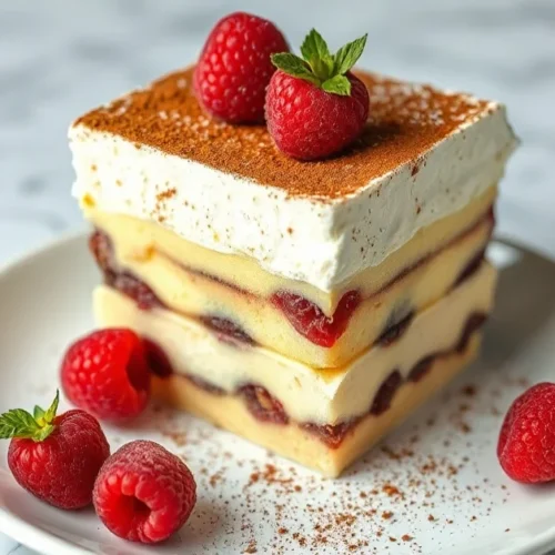 Elegant Italian Tiramisu dessert in white porcelain dish, dusted with cocoa powder, fresh raspberries, marble background, pro