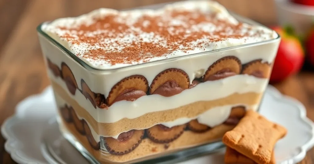 Elegant layered tiramisu dessert in glass dish, dusted with cocoa powder, creamy mascarpone filling, savoiardi biscuits, Ital
