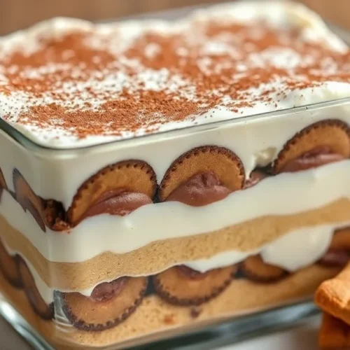 Elegant layered tiramisu dessert in glass dish, dusted with cocoa powder, creamy mascarpone filling, savoiardi biscuits, Ital