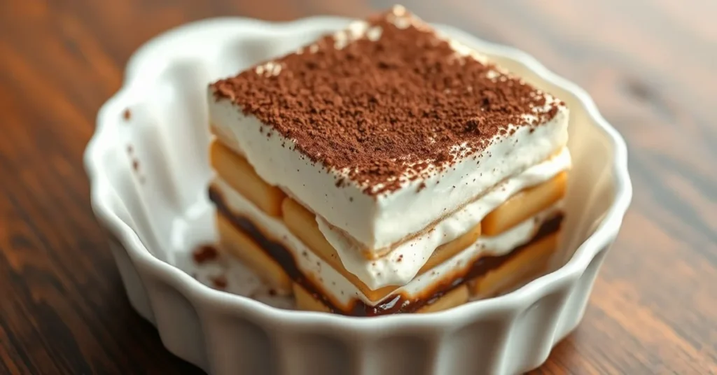 Elegant low carb tiramisu dessert in white ceramic dish, dark cocoa powder dusted on top, layered cream and coffee-soaked lad