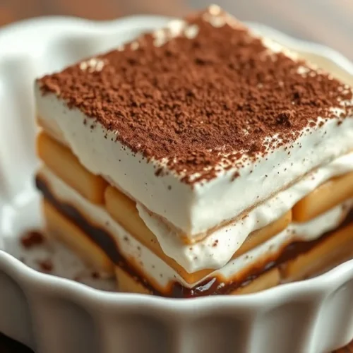 Elegant low carb tiramisu dessert in white ceramic dish, dark cocoa powder dusted on top, layered cream and coffee-soaked lad