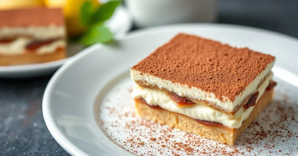 Elegant plated light tiramisu dessert with cocoa powder dusting, creamy layers visible, coffee-soaked ladyfingers, profession