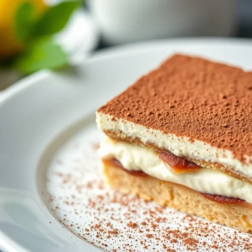 Elegant plated light tiramisu dessert with cocoa powder dusting, creamy layers visible, coffee-soaked ladyfingers, profession