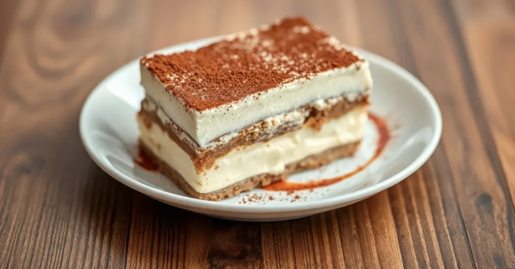 Elegant tiramisu dessert with cocoa powder topping, creamy layers visible from side, classic white porcelain plate, professio