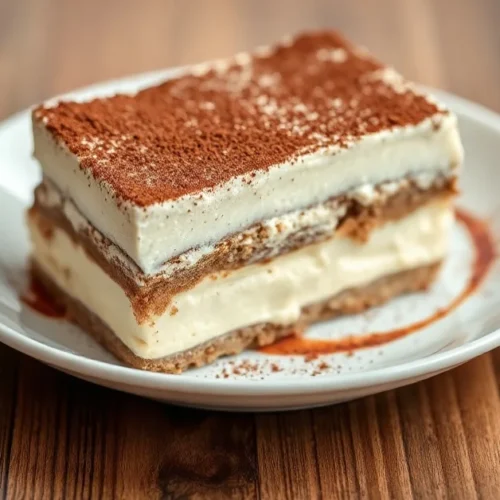 Elegant tiramisu dessert with cocoa powder topping, creamy layers visible from side, classic white porcelain plate, professio