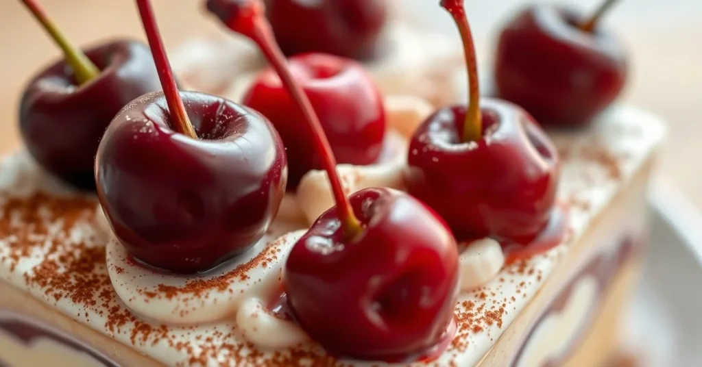 Elegant tiramisu dessert with fresh cherries on top, layers of creamy mascarpone and ladyfinger biscuits visible, dusted with