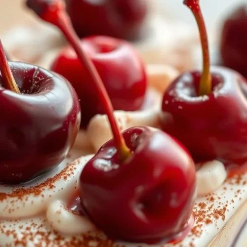 Elegant tiramisu dessert with fresh cherries on top, layers of creamy mascarpone and ladyfinger biscuits visible, dusted with