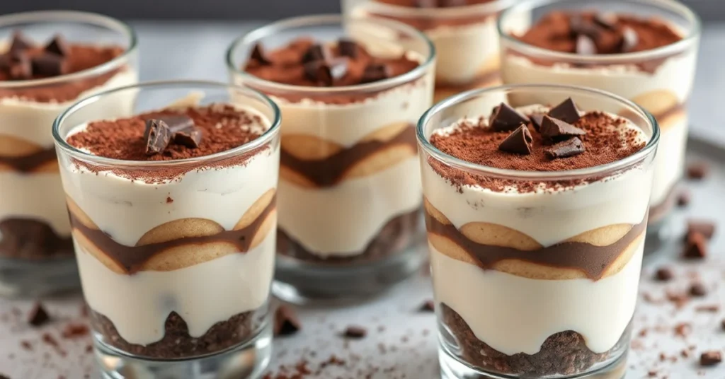 Elegant tiramisu desserts served in clear glass cups, layered with mascarpone cream and coffee-soaked ladyfingers, topped wit