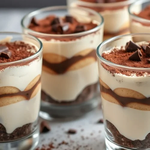 Elegant tiramisu desserts served in clear glass cups, layered with mascarpone cream and coffee-soaked ladyfingers, topped wit