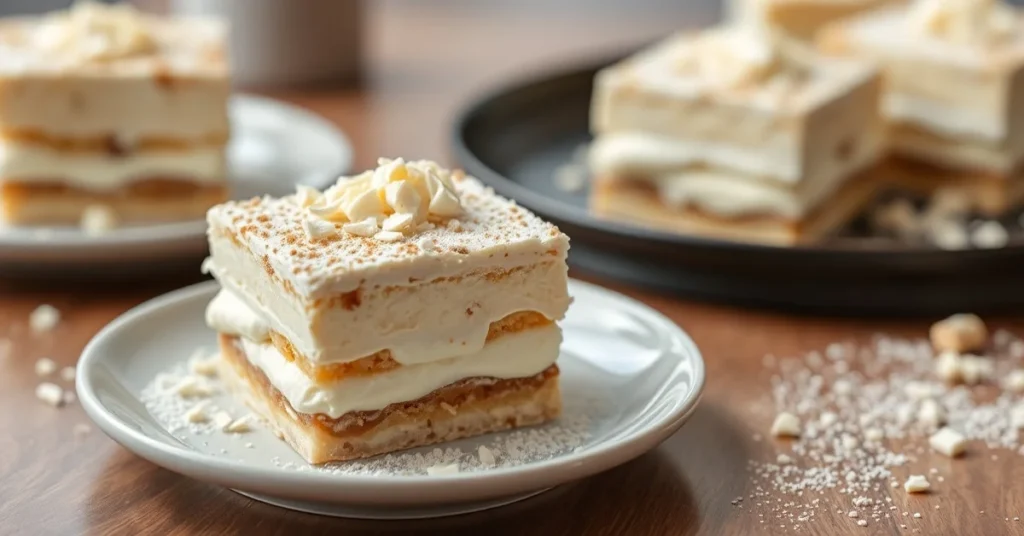 Elegant white chocolate tiramisu without coffee, creamy mascarpone layers, dusted with white chocolate shavings, modern plati