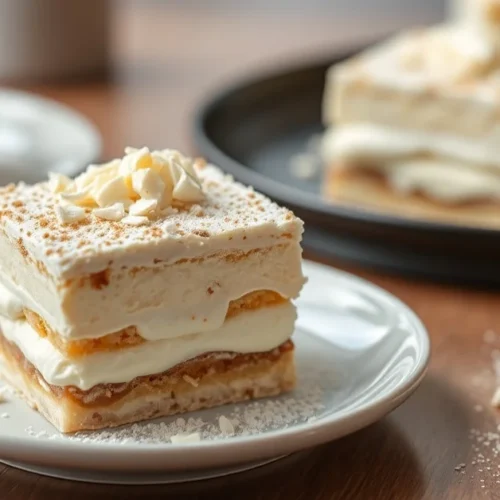Elegant white chocolate tiramisu without coffee, creamy mascarpone layers, dusted with white chocolate shavings, modern plati