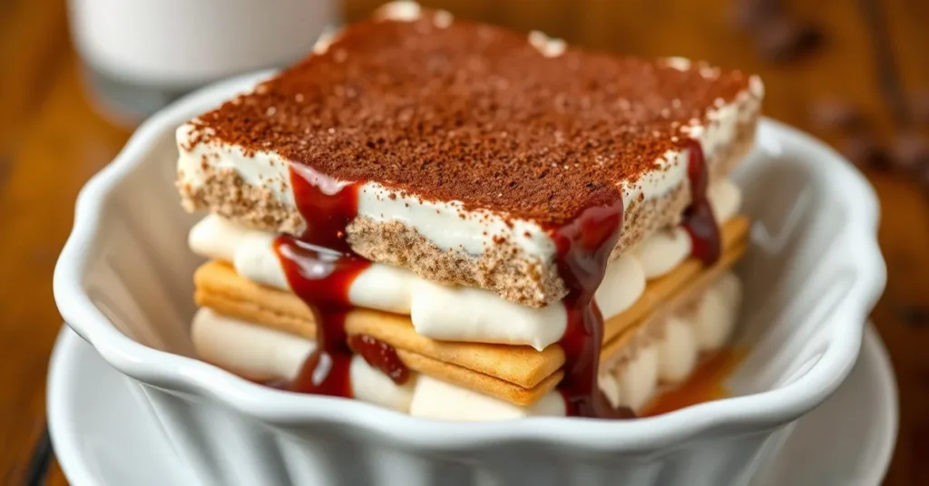 Exquisite Italian tiramisu dessert in white dish, layered with mascarpone cream and ladyfinger biscuits, dusted with rich coc
