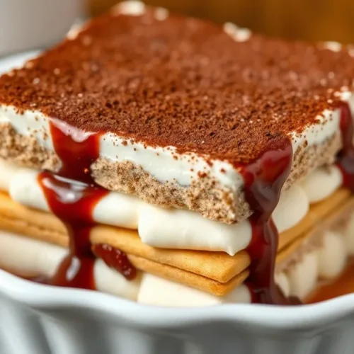 Exquisite Italian tiramisu dessert in white dish, layered with mascarpone cream and ladyfinger biscuits, dusted with rich coc