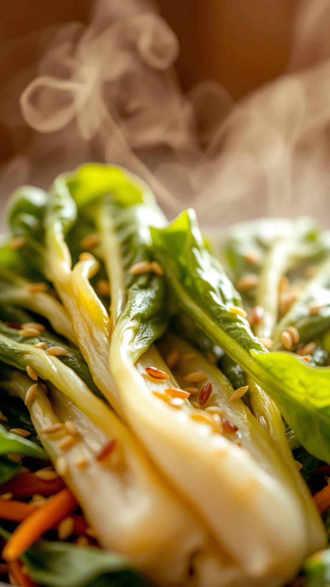 Extreme close-up macro photography of cooked Pak Choi leaves, sesame seeds scattered on top, steam rising, soft warm kitchen