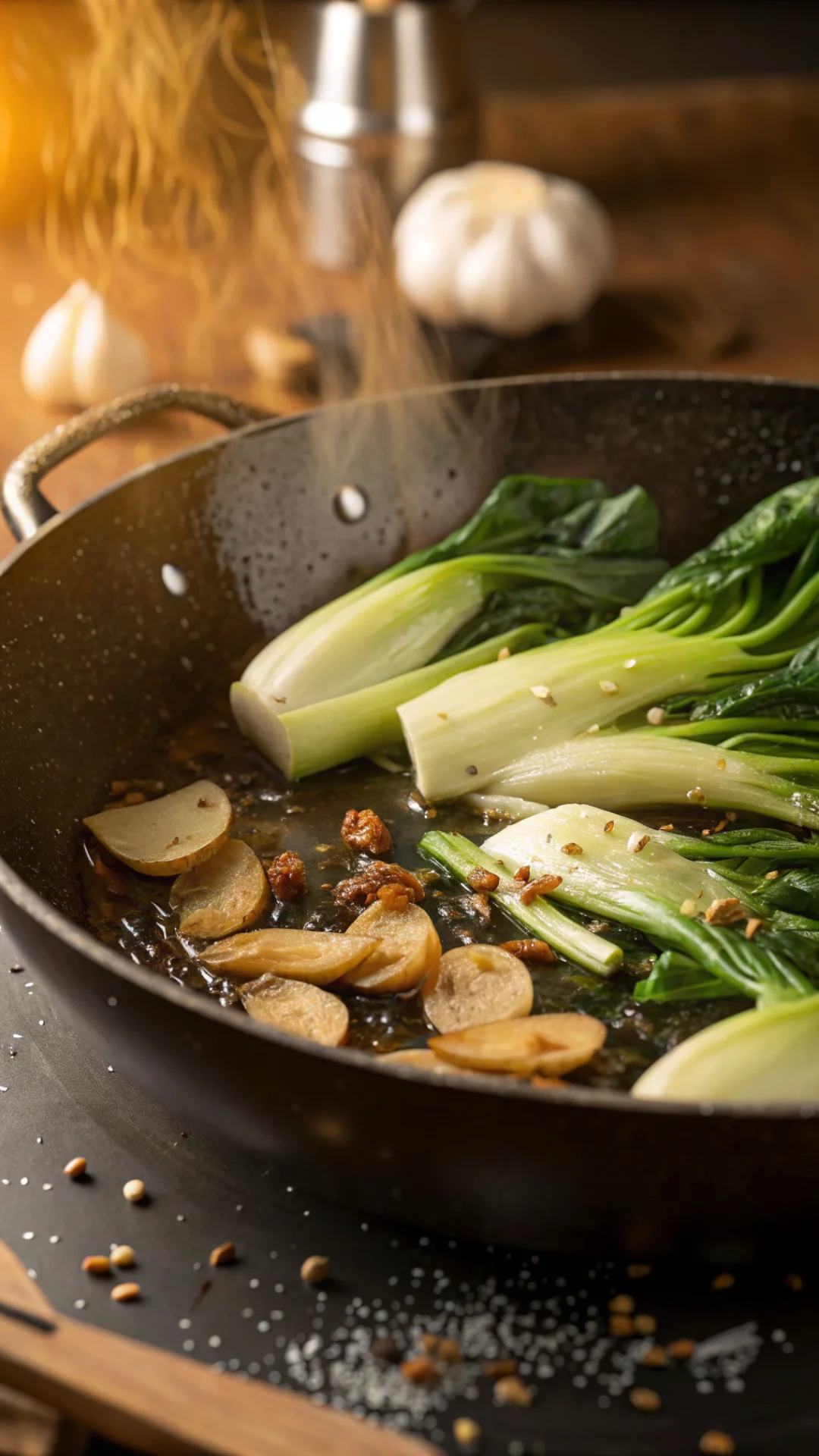 Extreme close-up macro photography of sizzling pak choi stalks in hot wok pan with ginger slices garlic pieces, dynamic cooki