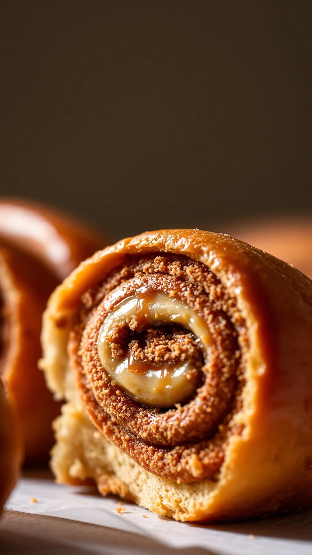 Extreme close-up of a single Biscoff cinnamon swirl roll with caramel creme and cinnamon sugar layers, sharp focus, warm bake