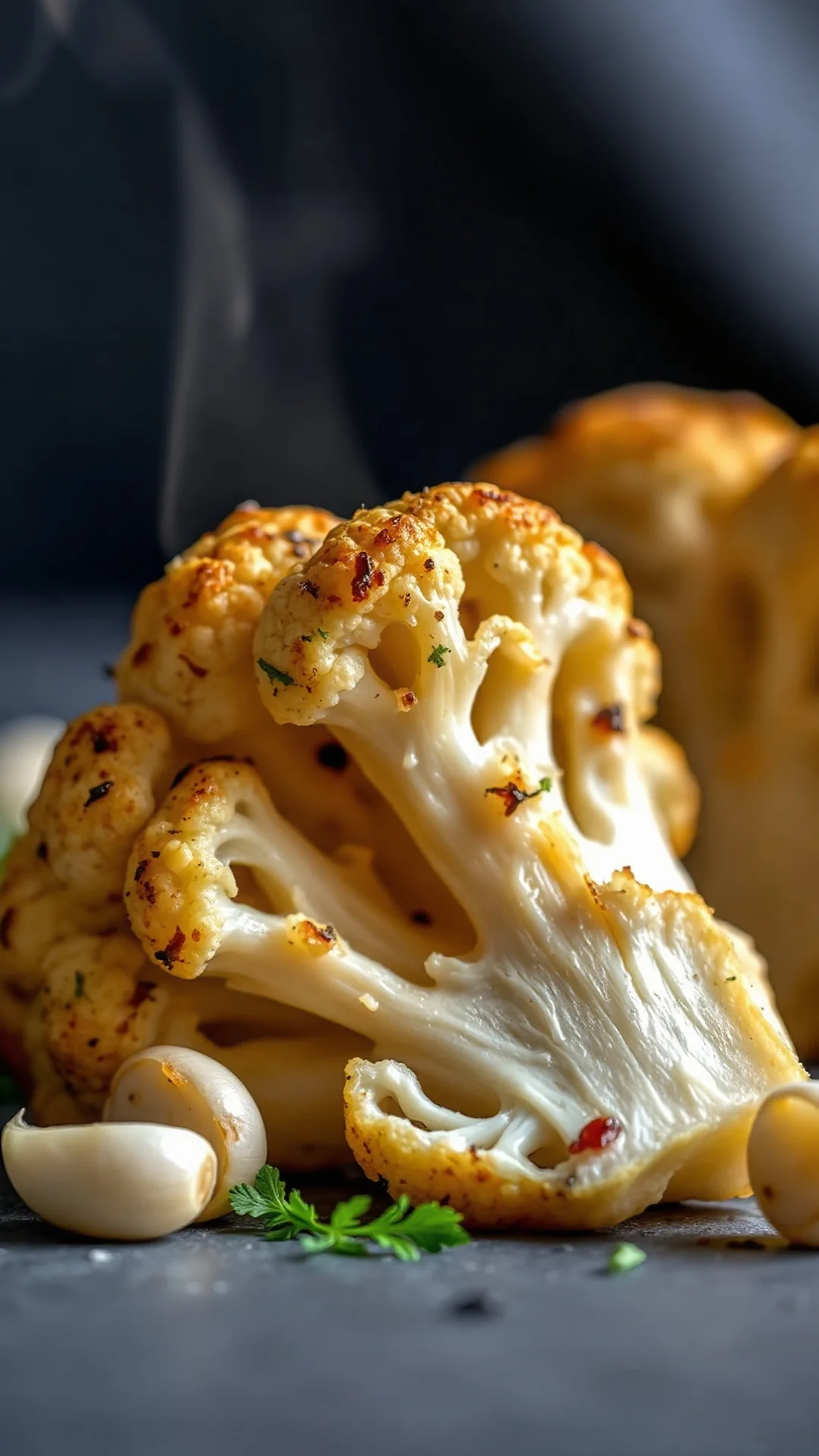 Extreme close-up of perfectly roasted cauliflower floret with golden brown crispy edges, steam rising, fresh garlic cloves sc