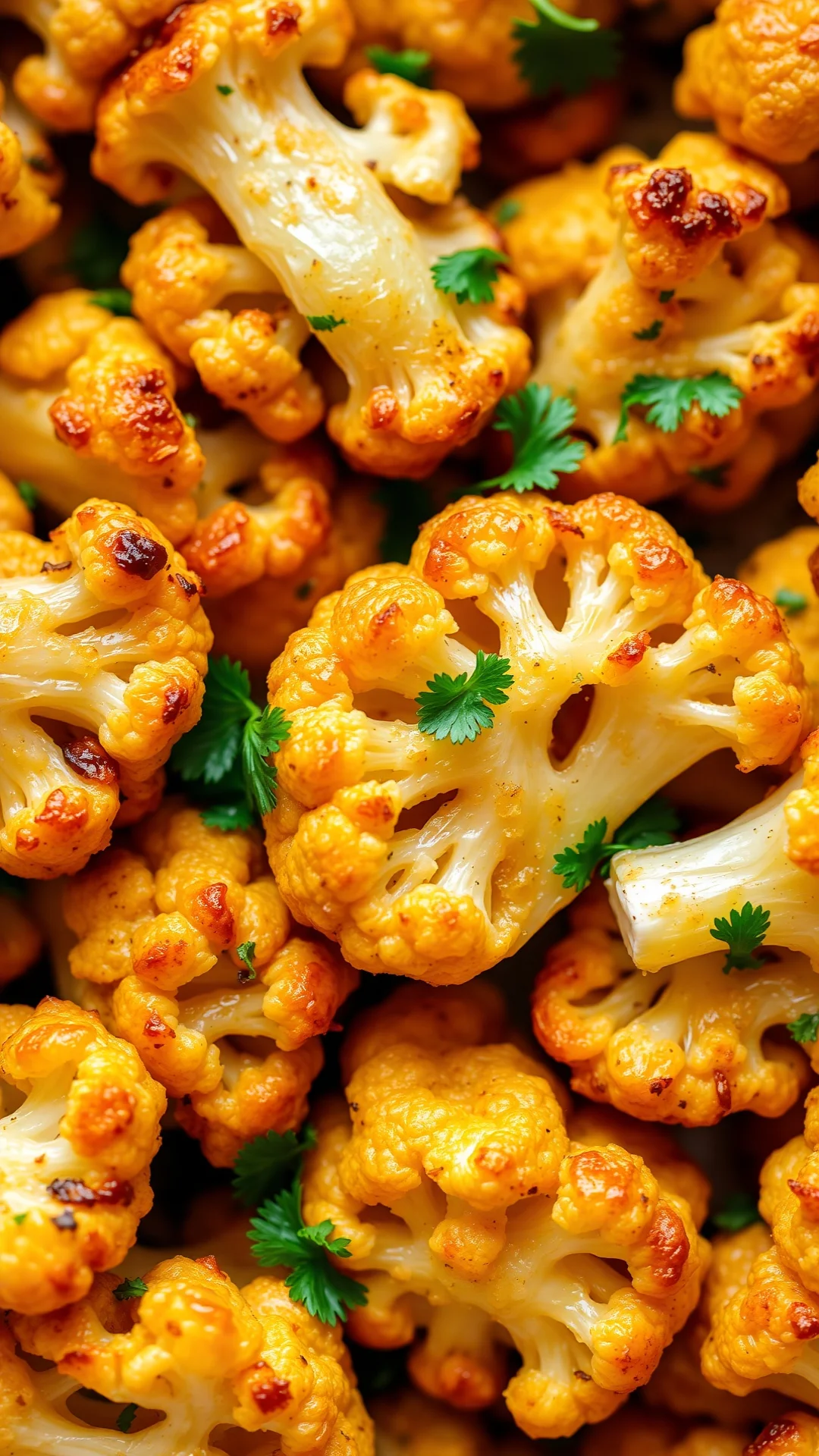 Extreme close-up of roasted cauliflower florets with crispy golden edges, fresh green parsley herb, warm spice colors, food p