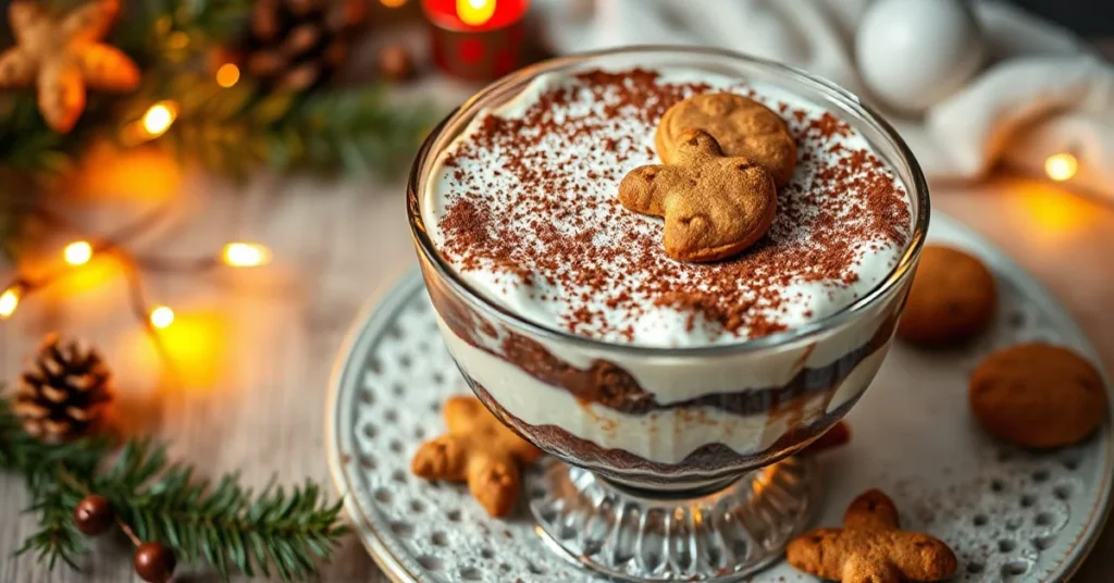 Festive Spekulatius Tiramisu layered in glass dish, dusted with cocoa powder, garnished with whole spice cookies, warm Christ