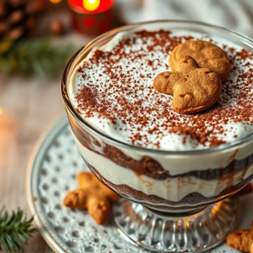 Festive Spekulatius Tiramisu layered in glass dish, dusted with cocoa powder, garnished with whole spice cookies, warm Christ