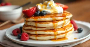 Fluffy golden pancakes stack with yogurt, drizzled maple syrup, fresh berries, whipped cream, professional food photography,