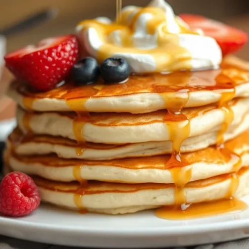 Fluffy golden pancakes stack with yogurt, drizzled maple syrup, fresh berries, whipped cream, professional food photography,