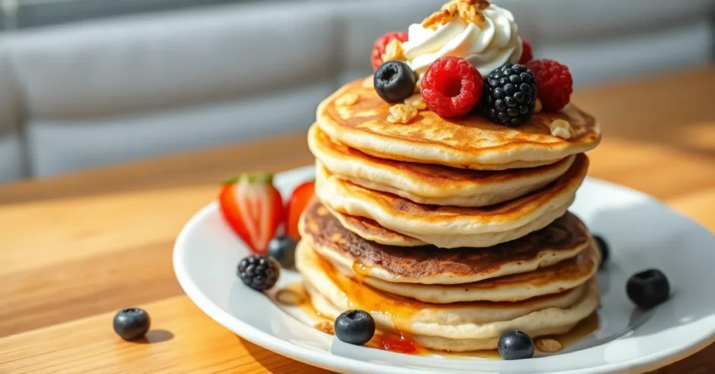 Fluffy low carb pancakes stacked high with fresh berries, whipped cream, and nuts, golden brown surface, natural daylight, mi