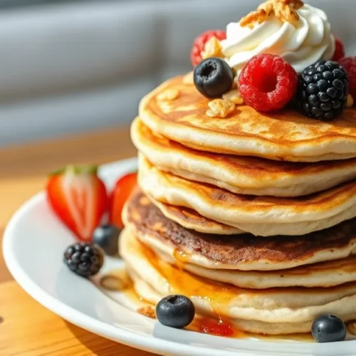 Fluffy low carb pancakes stacked high with fresh berries, whipped cream, and nuts, golden brown surface, natural daylight, mi