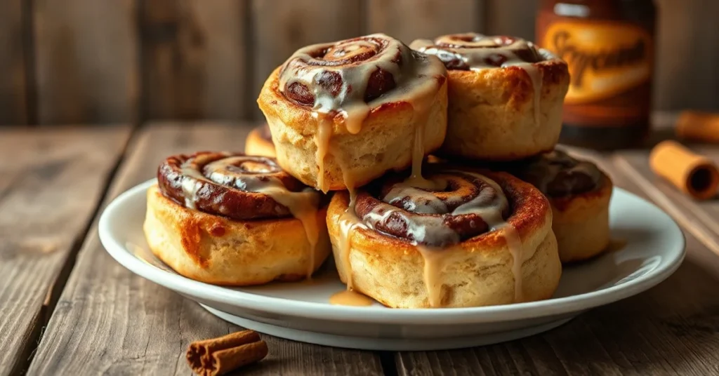Fresh homemade cinnamon rolls stacked on a white plate, golden brown and dripping with glaze, cinematic food photography, war