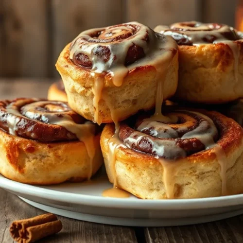 Fresh homemade cinnamon rolls stacked on a white plate, golden brown and dripping with glaze, cinematic food photography, war